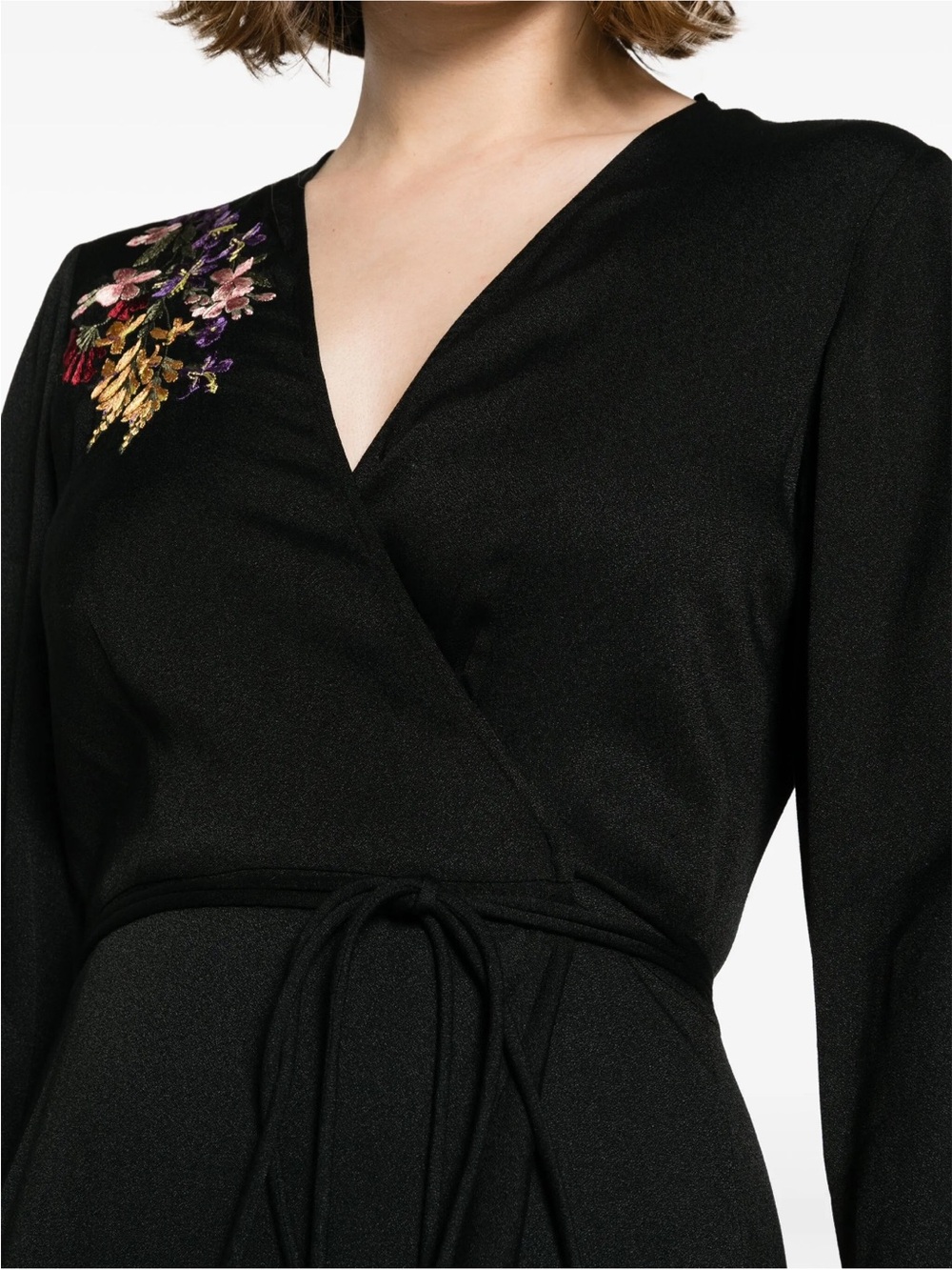 Twinset Black Floral-Embroidered Wrap Dress